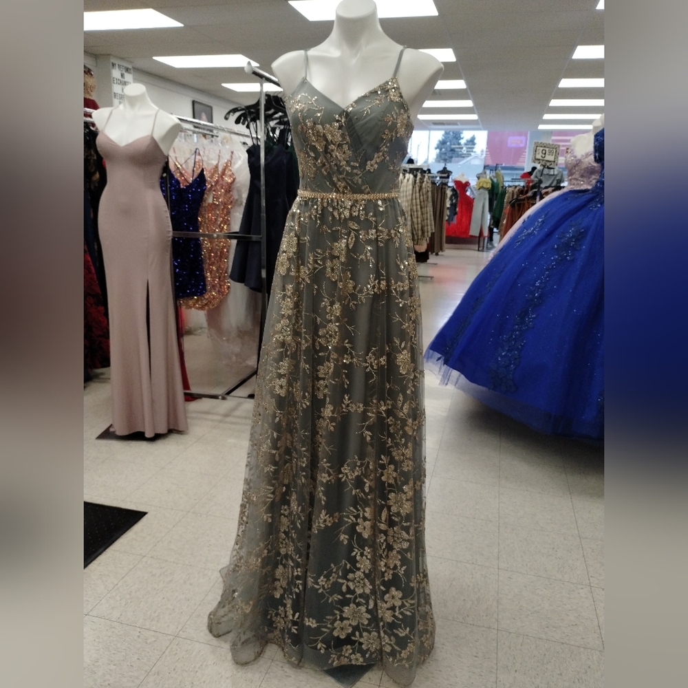 Elegant Gold And Charcoal Floral Evening Gown